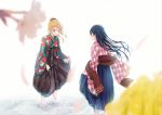 ayase_eli bangs barefoot blonde_hair blue_eyes blue_hair blush commentary_request floral_print full_body hair_between_eyes highres japanese_clothes long_hair looking_at_another love_live! love_live!_school_idol_project multiple_girls ponytail skirt_hold smile sonoda_umi standing standing_on_liquid suito water yellow_eyes 