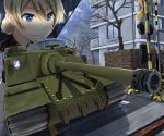  angleich blonde_hair blue_eyes building cloud commentary_request cup darjeeling emblem girls_und_panzer ground_vehicle military military_vehicle motor_vehicle railroad_crossing sky st._gloriana's_(emblem) st._gloriana's_military_uniform tank teacup tortoise_(tank) 