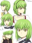  alternate_hair_length alternate_hairstyle bangs c.c. closed_eyes code_geass commentary_request green_hair hair_tucking hairband highres multiple_persona one_side_up setu_kurokawa short_hair signature solo twitter_username yellow_eyes 