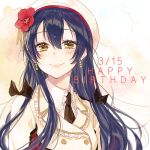  bangs birthday black_neckwear blue_hair commentary_request dated earrings eyebrows_visible_through_hair flower hair_between_eyes happy_birthday hat highres jewelry long_hair looking_at_viewer love_live! love_live!_school_idol_festival love_live!_school_idol_project smile solo sonoda_umi sore_wa_bokutachi_no_kiseki sudach_koppe upper_body yellow_eyes 