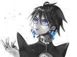  alternate_hair_length alternate_hairstyle bad_id bad_twitter_id bayonetta bayonetta_(character) bayonetta_2 black_hair blue_eyes bodysuit earrings glasses jewelry lips makeup mole mole_under_mouth short_hair simple_background solo yasaikakiage 