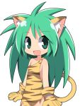  :d animal_ears animal_print bangs bare_shoulders blush cham_cham collarbone commentary_request covered_navel eyebrows_visible_through_hair fang gloves green_eyes green_hair hair_between_eyes long_hair open_mouth osaragi_mitama paw_gloves paws samurai_spirits simple_background smile solo tail tiger_ears tiger_girl tiger_print tiger_tail very_long_hair white_background 