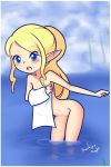  1girl blonde_hair blue_eyes female looking_at_viewer nude outdoors pointy_ears princess_zelda ryuhi solo the_legend_of_zelda towel upper_body water white_towel 