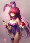  alcohol animal_ears bangs bare_arms bare_shoulders black_ribbon bottle bow breasts brown_legwear bunny_ears bunny_girl bunnysuit cleavage closed_mouth collarbone cup cupping_glass detached_collar drinking_glass eyebrows_visible_through_hair fake_animal_ears fate/grand_order fate_(series) fishnet_pantyhose fishnets glowing gradient gradient_background grey_background hairband highleg highleg_leotard highres holding holding_bottle holding_cup kone_(user_rcvz8745) large_breasts leg_garter leotard long_hair looking_at_viewer pantyhose purple_bow purple_hairband purple_leotard purple_neckwear ribbon scathach_(fate)_(all) scathach_(fate/grand_order) side-tie_leotard sidelocks smile solo strapless strapless_leotard very_long_hair wine wine_bottle wine_glass wrist_cuffs 
