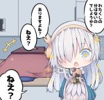  +_+ 1girl :o afterimage anastasia_(fate/grand_order) bangs beni_shake blue_cloak blue_eyes blush brown_hairband brown_ribbon cloak commentary dress eyebrows_visible_through_hair fate/grand_order fate_(series) hair_over_one_eye hair_ribbon hairband holding indoors kotatsu light_brown_hair long_hair looking_at_viewer lowres open_mouth outstretched_arm pointing ribbon royal_robe silver_hair solo sparkle speech_bubble table translated very_long_hair white_dress 