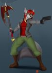  2018 anthro axe blinkblinkblink canine clothing doomthewolf ear_piercing female fingerless_gloves gloves grin gun hair handgun jain_sahrik mammal melee_weapon pants piercing pistol ranged_weapon red_eyes red_hair smile solo tattoo weapon wolf 