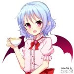  bat_wings blue_hair bracelet commentary cup dress fang jewelry junior27016 looking_at_viewer open_mouth pointy_ears red_eyes remilia_scarlet short_hair simple_background teacup touhou white_background white_dress wings 