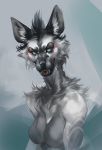  2018 anthro black_hair black_lips black_nose blue_eyes breasts deadro featureless_breasts female fur grey_fur hair hyena mammal smile solo 