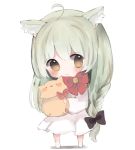  ahoge akashi_(azur_lane) animal_ears azur_lane bad_id bad_pixiv_id bangs barefoot bell black_bow blush bow braid brown_eyes cat_ears chibi closed_mouth commentary_request cottontailtokki dress eyebrows_visible_through_hair full_body green_hair hair_between_eyes hair_bow holding jingle_bell long_hair long_sleeves red_bow smile solo standing very_long_hair white_background white_dress wide_sleeves 