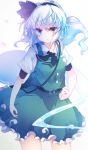  black_bow black_hairband black_neckwear black_ribbon blue_eyes bow breasts collared_shirt fuuen_(akagaminanoka) green_skirt green_vest hair_ribbon hairband highres hitodama konpaku_youmu konpaku_youmu_(ghost) puffy_short_sleeves puffy_sleeves ribbon scabbard sheath shirt short_hair short_sleeves silver_hair skirt skirt_set small_breasts solo touhou vest white_shirt 