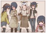  alternate_costume bag baseball_cap black_hair blush boots casual coat commentary_request crop_top denim denim_shorts doughnut eating emperor_penguin_(kemono_friends) eyebrows_visible_through_hair food full-face_blush gentoo_penguin_(kemono_friends) hair_over_one_eye hand_on_hip hand_on_own_cheek hat headphones highlights highres hood hoodie humboldt_penguin_(kemono_friends) jacket jacket_on_shoulders jeans kemono_friends long_hair long_sleeves looking_at_viewer looking_back midriff multicolored_hair multiple_girls navel neck_ribbon one_eye_closed pants penguins_performance_project_(kemono_friends) red_eyes red_hair ribbon rockhopper_penguin_(kemono_friends) royal_penguin_(kemono_friends) shopping_bag short_hair shorts skirt squatting suginakara_(user_ehfp8355 thighhighs twintails v white_hair yellow_eyes 