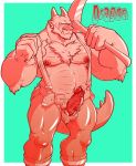  animal_genitalia anthro ball_tuft barazoku belt blush body_hair boots chest_hair clothing dogfu dragon ear_piercing erection footwear genital_slit hi_res horn looking_at_viewer male navel nipples overalls pecs penis pickaxe piercing scalie slit slit_pupils solo 