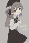  :d backpack bag bangs beret black_hat black_ribbon black_skirt blush brown_background brown_eyes brown_hair character_name collared_shirt commentary_request copyright_name darnell eyebrows_visible_through_hair fang flower hair_flower hair_ornament hair_rings hat hatoba_tsugu hatoba_tsugu_(character) head_tilt highres holding long_sleeves mole mole_under_eye open_mouth ribbon rose shirt simple_background skirt smile solo suspender_skirt suspenders virtual_youtuber white_flower white_rose white_shirt 