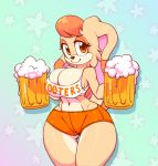  alcohol anthro beer beverage big_breasts breasts cleavage clothed clothing digital_media_(artwork) eyelashes female hair holding_object hooters lagomorph looking_at_viewer mammal mature_female navel nitro pattern_background rabbit shirt simple_background smile solo sonic_(series) tank_top vanilla_the_rabbit voluptuous wide_hips 