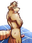  2018 alax anthro back_muscles butt crossed_arms digital_media_(artwork) erection fur hair looking_at_viewer looking_back male mammal muscular nude penis raccoon rear_view simple_background smile solo standing ventkazemaru 