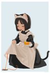  akai_sashimi animal_ears apron apron_lift black_hair bob_cut cat_ears cheese closed_eyes food highres hole maid original plate short_hair simple_background tail tentacles 