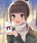  :d blush brown_hair coat commentary_request green_eyes hair_bun hair_ornament hair_scrunchie hamaguchi_ayame holding idolmaster idolmaster_cinderella_girls manio open_mouth ribbed_sweater scrunchie shuriken smile snowman solo sweater tree turtleneck turtleneck_sweater white_scrunchie 