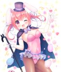  ;d animal animal_ears bangs black_cape black_hat blue_ribbon blue_skirt blush bow breasts brown_eyes brown_legwear bunny bunny_ears cane cape cat cleavage commentary covered_navel eyebrows_visible_through_hair flower gloves hair_between_eyes hair_ribbon hands_up hat holding large_breasts leotard looking_at_viewer mini_hat mini_top_hat one_eye_closed open_mouth original pantyhose pink_flower pink_hair pink_leotard pink_rose pleated_skirt purple_bow ribbon rose sakura_(usashiro_mani) see-through skirt smile solo sparkle tilted_headwear top_hat twintails twitter_sparkles usashiro_mani white_background white_gloves 