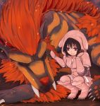 bangs brown_hair closed_eyes closed_mouth commentary_request eyebrows_visible_through_hair fang_out hand_up hood hood_up midogaron miyo_(ranthath) monster_hunter monster_hunter_frontier paws petting red_eyes squatting whiskers 