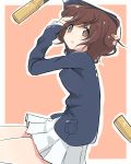  akiyama_yukari arm_behind_head arm_pillow artist_name bangs blue_jacket brown_eyes brown_hair cbgb commentary cowboy_shot eyebrows_visible_through_hair from_above girls_und_panzer hand_in_hair highres jacket long_sleeves looking_at_viewer lying messy_hair military military_uniform miniskirt on_side ooarai_military_uniform outside_border parted_lips pink_background pleated_skirt short_hair signature skirt solo tank_shell uniform white_skirt 