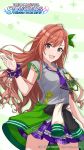  :d arisugawa_natsuha brown_eyes brown_hair clothes_around_waist copyright_name cowboy_shot dress_shirt eyebrows_visible_through_hair floating_hair green_ribbon grey_shirt hair_ribbon highres idolmaster idolmaster_shiny_colors long_hair looking_at_viewer miniskirt official_art open_mouth pleated_skirt purple_neckwear purple_scrunchie purple_skirt ribbon scrunchie shirt short_sleeves skirt smile solo standing sweater sweater_around_waist very_long_hair wrist_scrunchie 