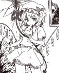  ascot bangs blood blood_splatter bow clenched_hand closed_mouth cowboy_shot eyebrows_visible_through_hair flandre_scarlet greyscale hat hat_bow holding laevatein looking_at_viewer miyo_(ranthath) mob_cap monochrome short_sleeves skirt skirt_set solo touhou 