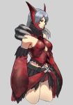  bare_shoulders belt breasts claws closed_mouth commentary_request cowboy_shot cropped_legs detached_sleeves genso gigginox_(armor) grey_background grey_eyes grey_hair helmet long_hair long_sleeves medium_breasts monster_hunter simple_background sleeves_past_wrists solo 