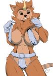  alpha_channel anthro bikini black_eyes breasts brown_fur camel_toe canid canine clothing curvaceous female fur hair horn hybrid looking_at_viewer mammal nipple_bulge no_pupils simple_background smile solo swimsuit transparent_background yawg 