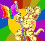  2016 4_fingers abs absurd_res anthro armpit_hair biceps big_muscles biped body_hair brown_nose bulge cat chance_furlong claws clothed clothing digital_drawing_(artwork) digital_media_(artwork) feline flag flagpole fur gay_pride grin griz_urso hand_behind_head hi_res humanoid_hands looking_at_viewer male mammal manly muscular muscular_male nipples paws pecs penis_outline pink_nipples rainbow rainbow_background rainbow_flag rainbow_symbol simple_background smile solo striped_fur stripes super_gay swat_kats tan_fur teeth thong topless yellow_fur 