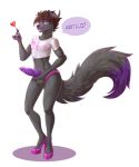  2018 5_fingers ? anthro balls big_tail biped black_claws black_eyebrows black_nose brown_hair candy canine claws clothed clothing crop_top crossdressing demon dialogue digital_media_(artwork) dipstick_tail english_text erection eyebrows eyeshadow fenris_lupin fluffy fluffy_tail food footwear fox front_view full-length_portrait fur girly glowing glowing_eyes grey_balls grey_fur grey_horn grey_tail hair helaviskrew hi_res high_heels holding_food holding_object holding_penis horn hybrid_penis incubus knot lips lipstick lollipop long_tail looking_at_viewer makeup male mammal midriff multicolored_tail panties penis pink_bottomwear pink_clothing pink_panties pink_underwear portrait purple_eyes purple_penis purple_tail ridged_penis shirt shoes short_hair simple_background solo speech_bubble standing talking_to_viewer text two_tone_tail underwear white_background white_clothing white_shirt white_topwear 