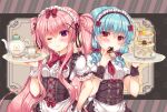  ;) apron blue_hair blush bow breasts center_frills closed_mouth commentary_request cookie cup food frilled_apron frills hair_bow hair_ornament holding holding_food holding_tray lilia_chocolanne long_hair macaron maid multiple_girls necktie one_eye_closed original pink_hair puffy_short_sleeves puffy_sleeves purple_eyes red_bow red_eyes red_neckwear saucer shirt short_sleeves small_breasts smile suzune_rena teacup teapot tiered_tray tray twintails underboob very_long_hair waist_apron white_apron white_shirt wrist_cuffs x_hair_ornament 