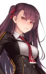  bangs blunt_bangs blush braid breasts buttons closed_mouth collared_shirt commentary_request covered_navel french_braid girls_frontline gloves hair_between_eyes hair_over_shoulder hair_ribbon half_updo highres jacket korean_commentary large_breasts long_hair looking_at_viewer necktie one_side_up pantyhose purple_hair red_eyes red_neckwear ribbon ryu_un shirt sidelocks simple_background skirt solo strap tsundere tsurime underbust upper_body very_long_hair wa2000_(girls_frontline) white_background white_shirt 
