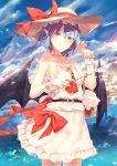  adapted_costume bare_arms bare_shoulders basket bat_wings belt blue_hair blue_sky bow cloud cloudy_sky commentary_request day flower hand_up hat hat_bow highres holding horizon jewelry looking_at_viewer necklace ocean outdoors pink_hat pointy_ears red_bow red_eyes red_neckwear remilia_scarlet sakusyo skirt skirt_set sky smile solo standing sun touhou twig water wings wrist_cuffs 