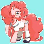  2018 blue_background blue_eyes blush bottomless clothed clothing conbudou cute cutie_mark earth_pony equine eyebrows eyelashes female feral footwear friendship_is_magic hair hooves horse legwear long_hair mammal my_little_pony open_mouth pink_hair pinkie_pie_(mlp) pony portrait raised_leg sailor_uniform shirt shoes simple_background socks solo standing 