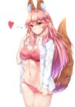  animal_ears bangs blush bra breasts brown_eyes chahei cleavage closed_mouth collarbone collared_shirt commentary_request cowboy_shot dress_shirt eyebrows_visible_through_hair fate/extra fate_(series) fingernails fox_ears fox_girl fox_tail groin hair_between_eyes hand_up heart highres large_breasts long_hair long_sleeves navel open_clothes open_shirt panties panty_pull pink_bra pink_hair pink_panties pulled_by_self shirt sidelocks simple_background smile solo tail tail_raised tamamo_(fate)_(all) tamamo_no_mae_(fate) underwear very_long_hair white_background white_shirt 
