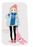  :3 :o arakawa_(aintnoroom) beanie black_eyes black_legwear blonde_hair blue_jacket blue_sweater bobblehat candy character_name clothes_writing drawstring food futaba_anzu grey_background hat holding hood hood_down hooded_sweater idolmaster idolmaster_cinderella_girls jacket lollipop long_hair long_sleeves looking_at_viewer open_clothes open_jacket open_mouth pantyhose red_footwear red_hat shoes simple_background sleeves_past_wrists sneakers solo stuffed_animal stuffed_bunny stuffed_toy sweater tareme very_long_hair 