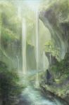  bird cliff commentary_request day fantasy forest nature original paru_(parucom) river scenery solo tree vegetation water waterfall 