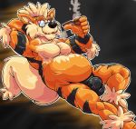  2016 5_fingers anthro arcanine barnaby_(overzen) belly black_fur black_nose black_underwear bulge canine clothed clothing costume digital_drawing_(artwork) digital_media_(artwork) eyewear fur glasses griz_urso hi_res male mammal markings multicolored_fur nintendo orange_fur overweight pok&eacute;mon pok&eacute;mon_(species) shiny simple_background smile smoke smoking_pipe solo stripes topless underwear video_games 