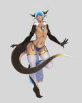  2018 animal_humanoid blue_hair clothed clothing dragon_humanoid ear_piercing eyes_closed gem grin hair horn humanoid loincloth male navel nipples on_one_leg piercing pointy_ears sharp_teeth simple_background skimpy smile solo standing teeth topless translucent transparent_clothing urw vali 