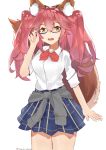  absurdres animal_ears blush breasts clothes_around_waist fate/extella fate/extra fate/grand_order fate_(series) fox_ears fox_tail glasses highres jacket_around_waist large_breasts long_hair looking_at_viewer open_mouth pink_hair school_uniform shirt simple_background skirt smile solo tail tamamo_(fate)_(all) tamamo_jk_(fate) twintails white_background yellow_eyes yomogi_uehara8 