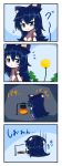  4koma blue_bow blue_eyes blue_hair bow chibi closed_mouth comic commentary_request dandelion eyebrows_visible_through_hair fire flower flying_sweatdrops gloom_(expression) hair_between_eyes hair_bow highres hood hood_down hoodie hungry jakomurashi long_hair pot short_sleeves sitting standing stomach_growling touhou translation_request very_long_hair yorigami_shion 