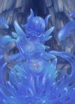  blue_skin breasts cave commentary core covered_eyes demon_horns goo_girl hair_over_eyes hand_up head_tilt highres horns jiffic large_breasts light_smile looking_at_viewer monster_girl nude original short_hair smile solo spikes standing tentacles 