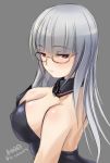  artist_name blush breasts cleavage closed_mouth commentary_request dress glasses haruhata_mutsuki heidimarie_w_schnaufer large_breasts long_hair signature smile solo strapless strapless_dress strike_witches world_witches_series 