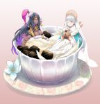  anastasia_(fate/grand_order) armor cape circlet cup dark_skin doll fate/grand_order fate_(series) flower food hat husty_(husty.joestar.xp) ice_cream in_container in_cup long_hair multicolored_hair multiple_girls oversized_object royal_robe saucer scheherazade_(fate/grand_order) simple_background white_hair 