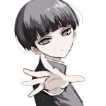  absurdres bad_id bad_pixiv_id bangs black_hair black_shirt blunt_bangs commentary eyebrows_visible_through_hair highres kageyama_shigeo looking_at_viewer male_focus misteor mob_psycho_100 open_mouth outstretched_hand purple_eyes shirt short_hair solo white_background 