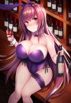  alcohol animal_ears beeyan between_legs blush bottle breasts bunny_ears bunnysuit cleavage collarbone cup detached_collar detached_sleeves drinking_glass drunk fate/grand_order fate_(series) highres holding large_breasts long_hair mature purple_hair red_eyes revision ribbon scathach_(fate)_(all) scathach_(fate/grand_order) shiny shiny_hair shiny_skin sitting solo thighhighs very_long_hair wine wine_bottle wine_glass 