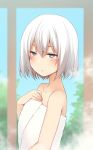  :&lt; bangs blush closed_mouth collarbone commentary_request copyright_request eyebrows_visible_through_hair grey_eyes hair_between_eyes half-closed_eyes hand_on_own_chest hand_up highres looking_at_viewer nagami_yuu naked_towel short_hair silver_hair solo towel 