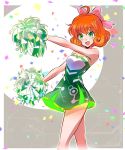  :d ahoge bare_arms bare_shoulders blush bow cheerleader confetti cropped_legs curly_hair dress eyebrows_visible_through_hair freckles green_dress green_eyes hair_bow holding iesupa looking_at_viewer open_mouth orange_hair outdoors penny_polendina pink_bow pom_poms rwby shiny shiny_hair short_hair smile solo standing tareme thighs two-tone_background 