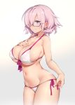  bare_shoulders bikini breasts cleavage collarbone fate/grand_order fate_(series) glasses gradient gradient_background hair_over_one_eye hand_on_own_chest highres hips large_breasts lavender_hair looking_at_viewer looking_to_the_side mash_kyrielight navel purple_eyes short_hair simple_background smile solo standing swimsuit swimsuit_of_perpetual_summer thighs try white_background white_bikini 