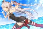  ;d adapted_costume amatsukaze_(kantai_collection) armpits bangs bare_arms bare_shoulders black_choker black_dress black_hairband blue_sky blush brown_eyes choker cloud day dress dutch_angle eyebrows_visible_through_hair fang gloves hair_between_eyes hair_tubes hairband hat highres horizon kantai_collection lifebuoy long_hair looking_at_viewer looking_to_the_side mini_hat ocean one_eye_closed open_mouth outdoors red_legwear sailor_collar sailor_dress short_dress silver_hair single_glove sky sleeveless sleeveless_dress smile smokestack solo thighhighs twitter_username two_side_up tyone very_long_hair water white_gloves white_sailor_collar windsock 